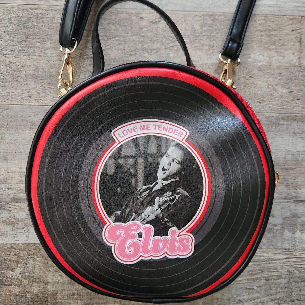 Black and Red Round Crossbody Bag with Retro Music Graphic